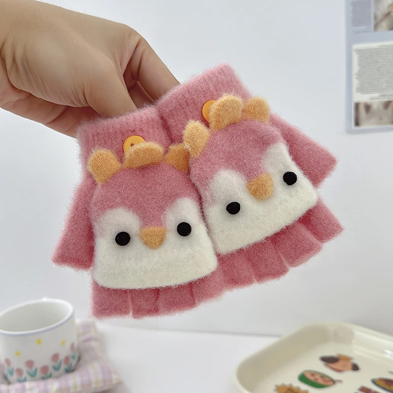 Świąteczne Rękawiczki z Jeleniami Zimowe Dziecięce Rękawiczki Urocze Palczaste Rękawiczki dla Niemowląt Ciepłe Półpalczaste Rękawiczki z Klapką dla Chłopców Dziewczynek Mitki Rękawiczki 2-6 Lat