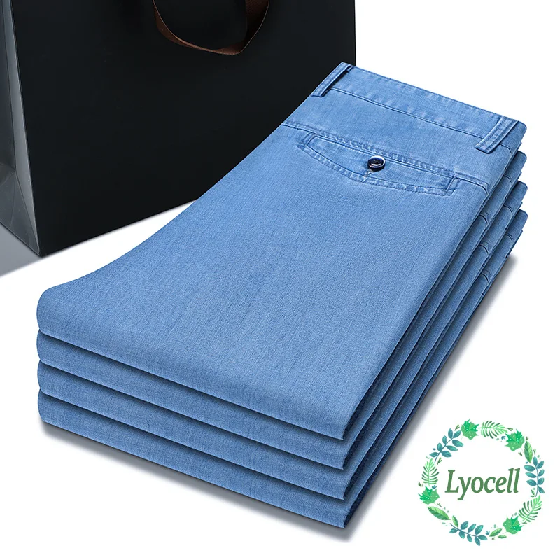 

Brand Clothing Summer Natural Lyocell Business Jeans Men Thin Classic Stretch Straight Office Denim Pants Father Work Trousers
