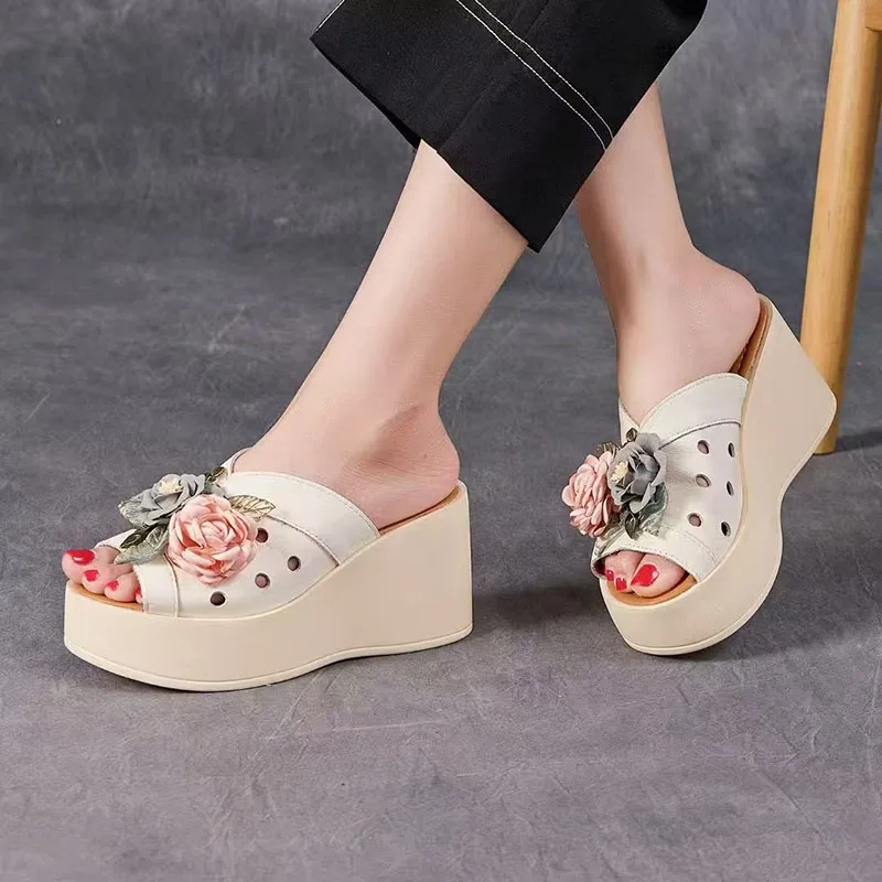 

XMWRLW 2026 Summer Women Slippers Genuine Leather Platform Shoes Retro Style Flower High Heels 8cm Ladies Summer Slippers Shoes