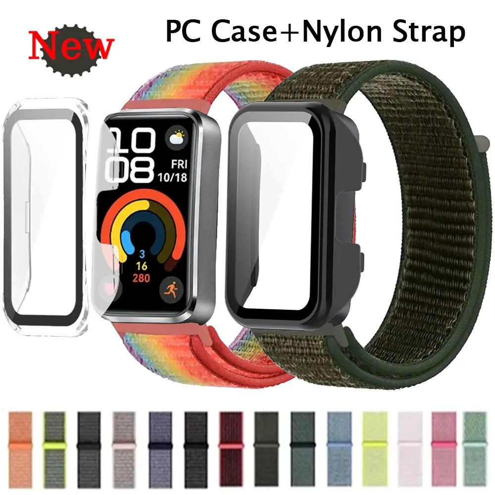 PC-Gehäuse + Nylonband für Huawei Band 10 9, Displayschutzfolie aus gehärtetem Glas und harter PC-Schutzstoßstange für Huawei Band 10/9/8 Shell