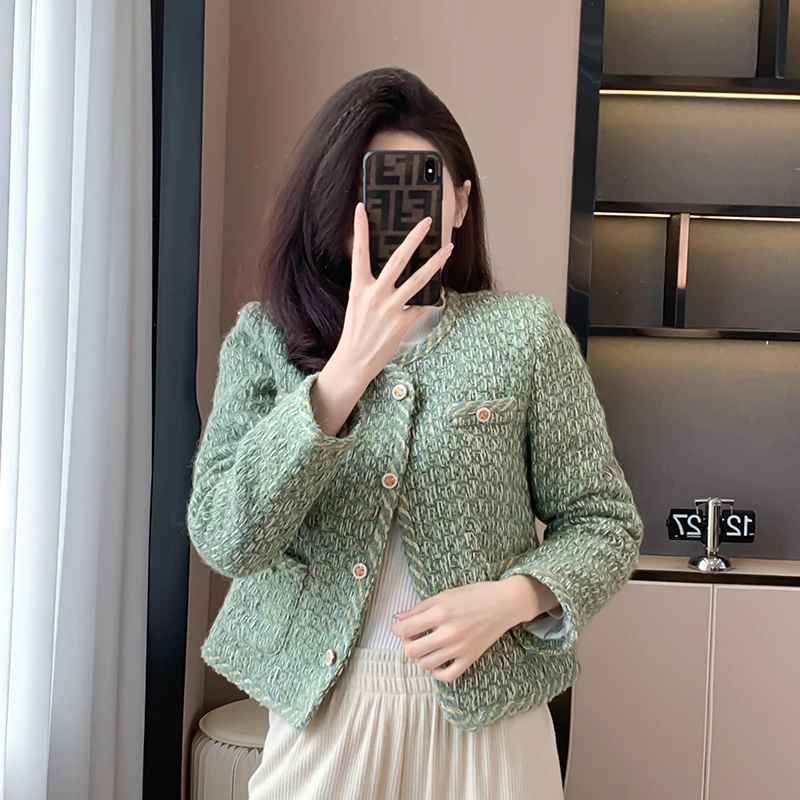 

High Quality Green Small Fragrant Tweed Weave Short Outerwear Tops French Autumn Winter Single Breasted Women Pockets Jackets