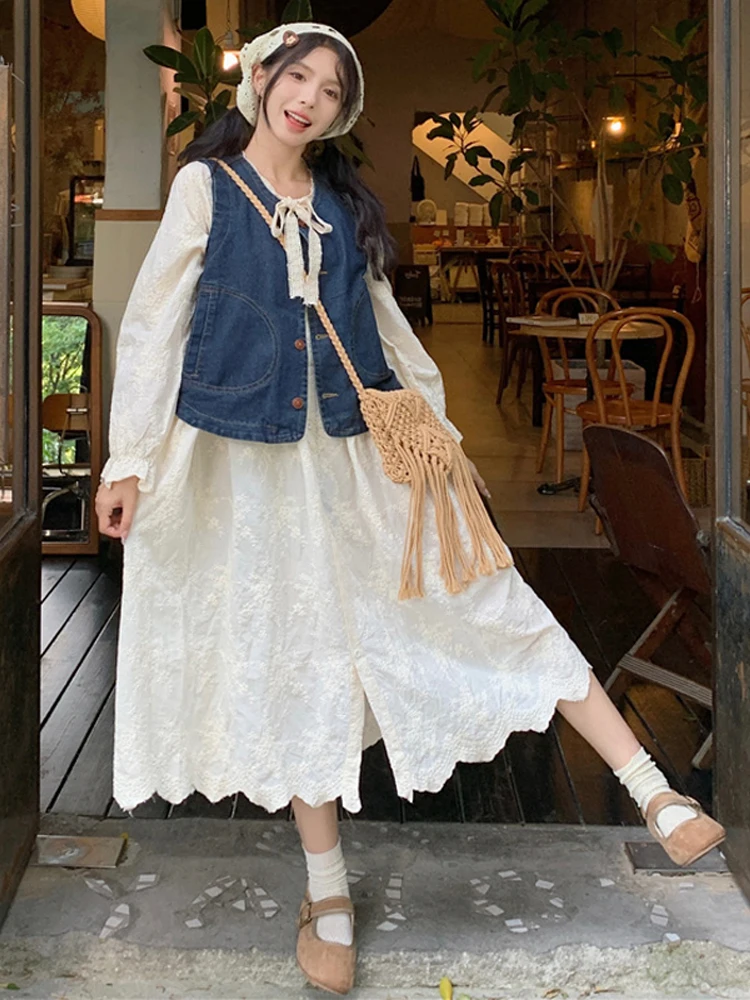 

plus Size Women's Faionable Embroidered Denim Vest And Dr Set High Waist Long Sve Mid-Length Korean Sle Commute