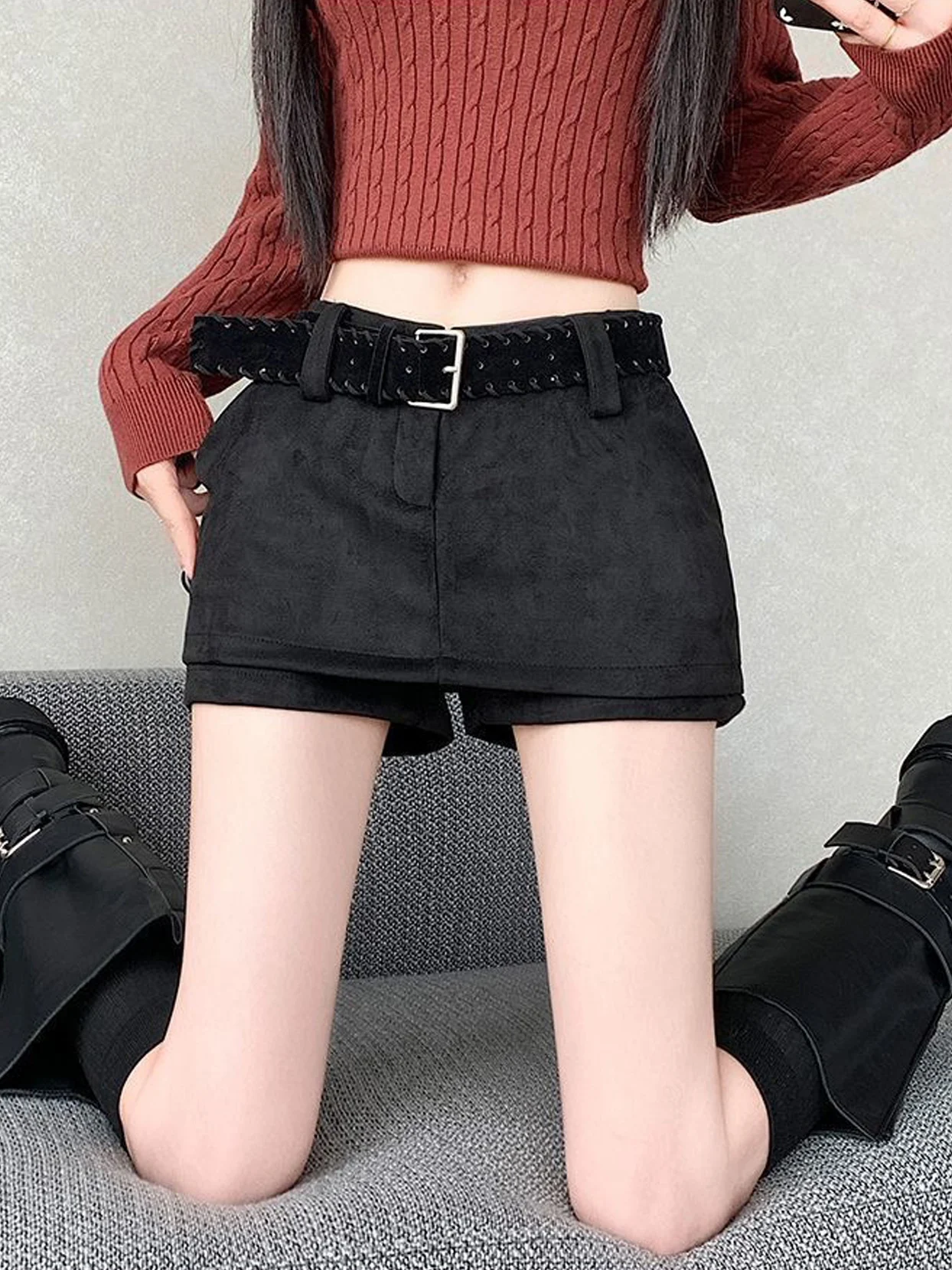 Elegant Suede Short Pants Women's  Skirt Pants Fall 2026 New Style Low Waist Straight Leg Casual Trousers for Ladies