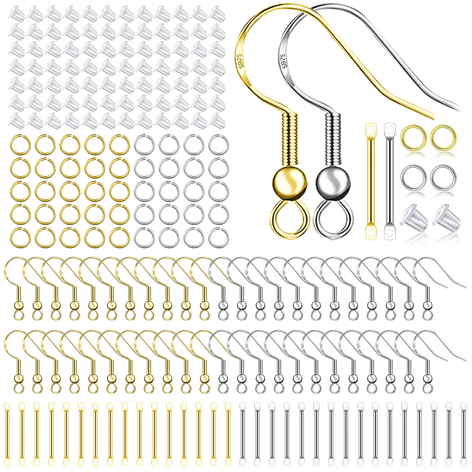 Ganchos de brinco banhados a prata/ouro 925 para fazer joias, kit de fabricação de brincos hipoalergênicos de 900 peças, descobertas de brincos, anéis de salto
