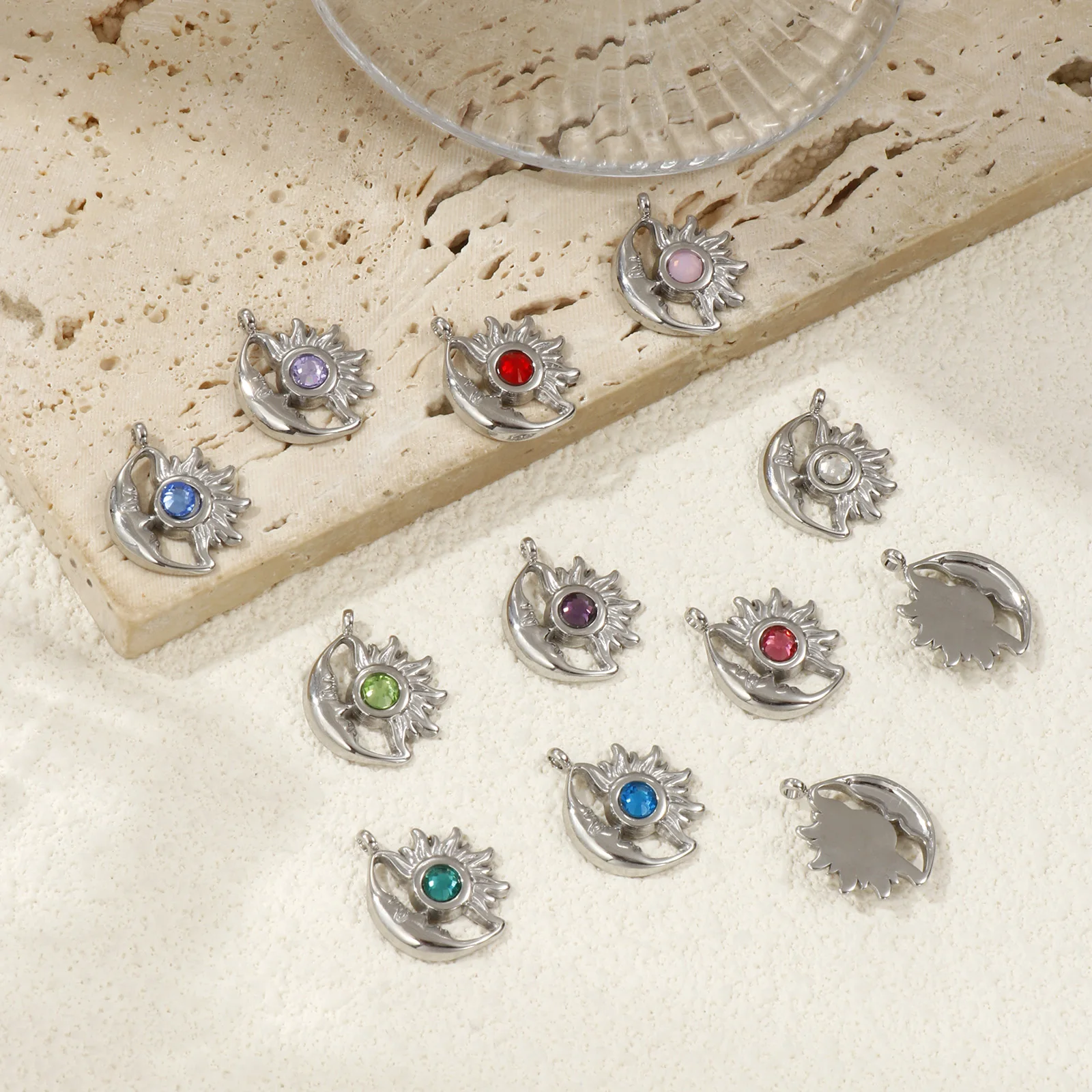 1Piece 304 Stainless Steel Birthstone Charms Silver Plated Sun And Moon Face Pendant For DIY Necklace Jewerly Making 19mm x 16mm