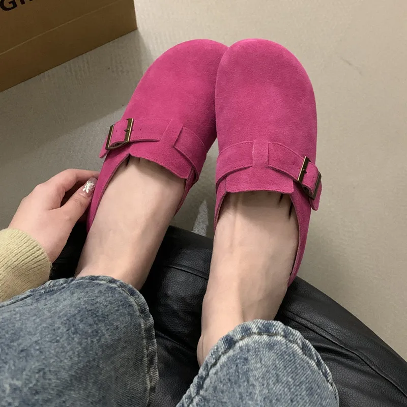 Comfortable soft-soled flats for women 2024 Buckle leather flats for Women Vintage Day Ugly Cute shoes frosted leather