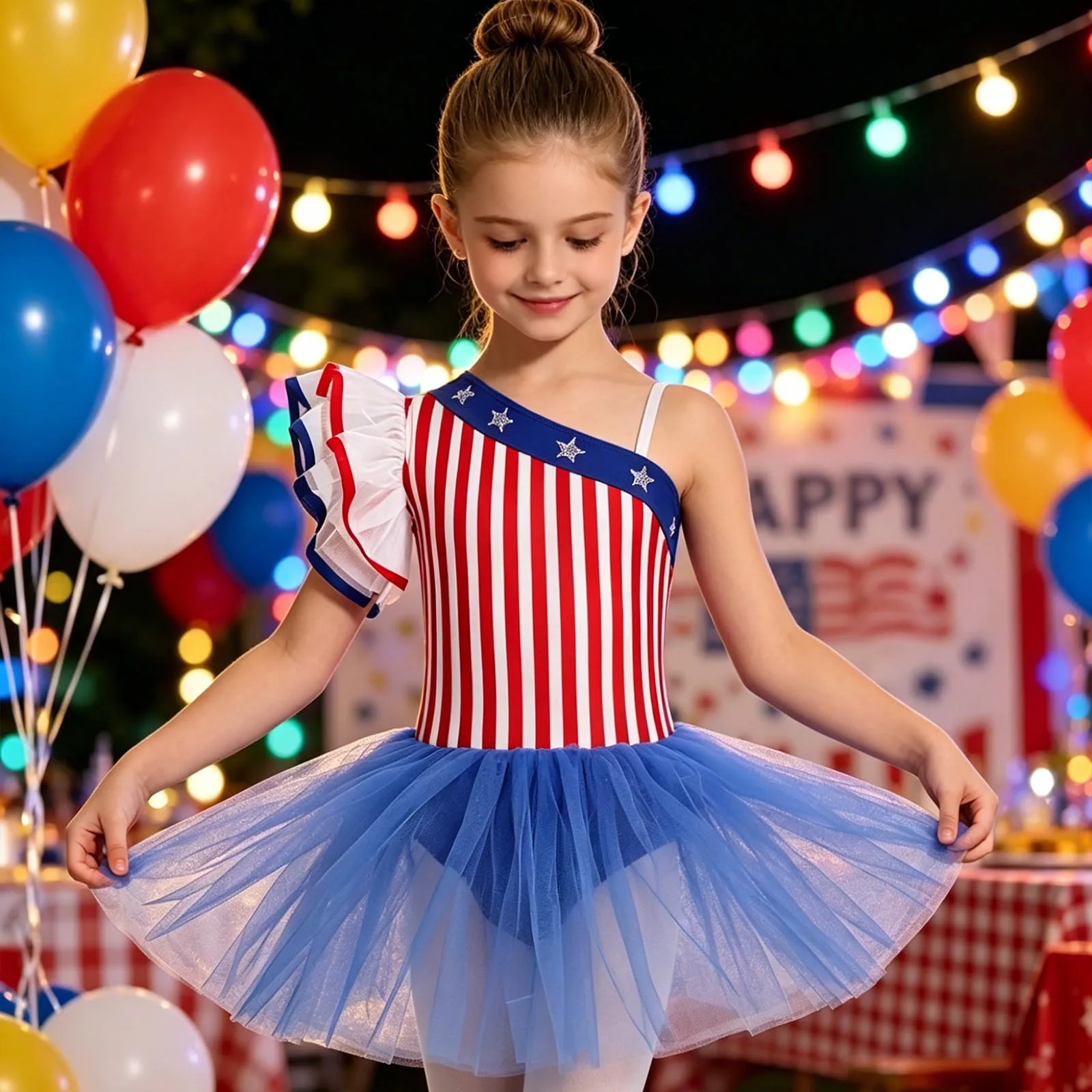 July 4th Independence Day Costume Rhinestone Stars Striped Tutu Dress Leotard for Skating Gymnastics Ballet Dance Tulle Dress - view 5