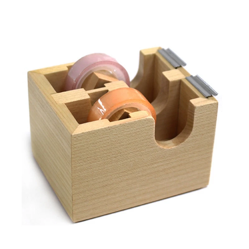 Creatieve Houten Dubbele Tape Dispenser Zelfklevende Afplakband Organizer Cutter Standhouder Desktop Kantoor Schoolbenodigdheden