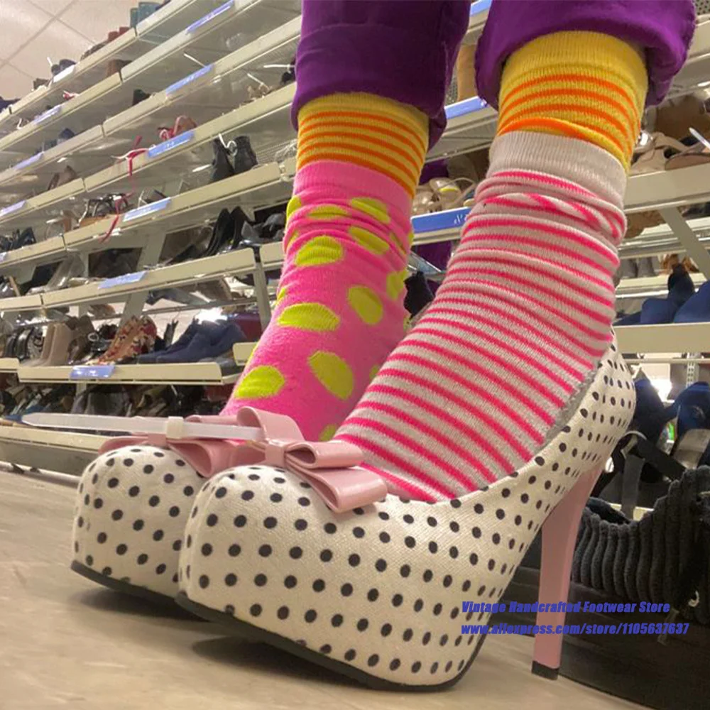 Polka Dot Platform Pumps Cute Pink Bow High Heels Slip On High Heels Fashion Party Dress Shoes  Sandalias De Mujer Verano