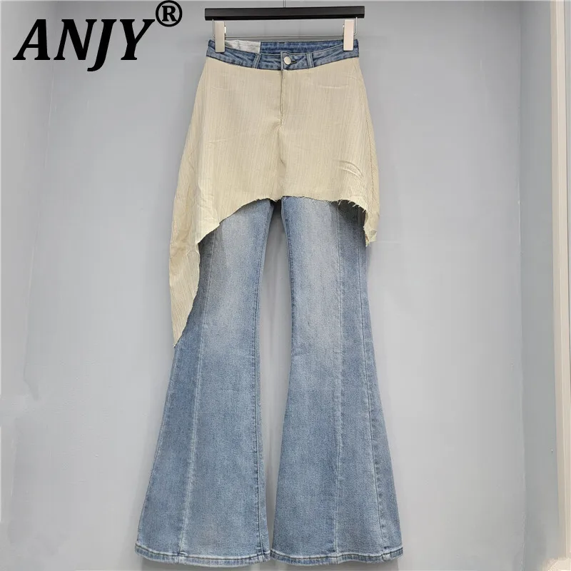 

ANJY Autumn Winter New Women American Irregular Skirted Flared Jeans High Street Hot Girl Fake Two-Piece Slim Denim Pants A15830