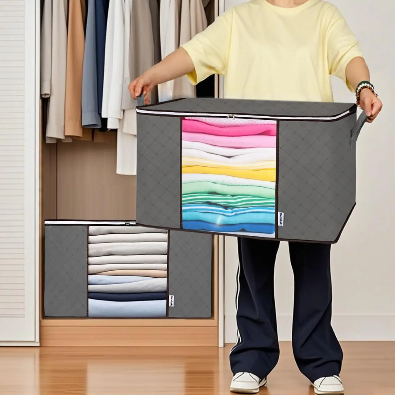 1pc Duvet Storage Bag, Heavy Duty & Large Capacity for Blankets, Seasonal Clothes, Moving, Zippered Non-Woven Organizer
