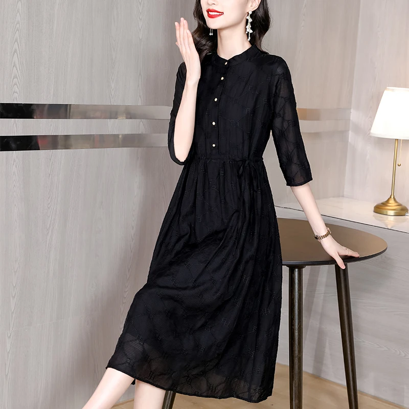 Dress Silk Half-Sleeve Women's Clothing 2022 Autumn New Western Fashion Hepburn Style Waist And Thin Black Long Skirt Dress