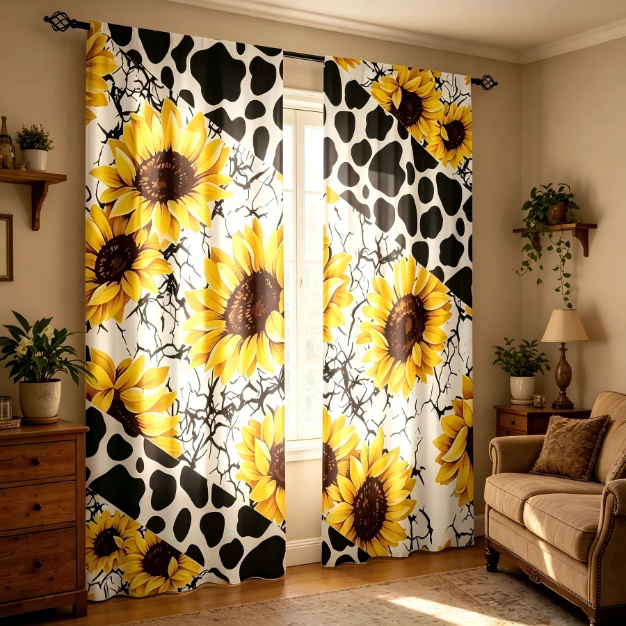 2PCS Digital Print  Curtain, Golden Sunflower Cow Print, Aesthetic Room Decor  Curtain for Apartment Dorm Bedroom