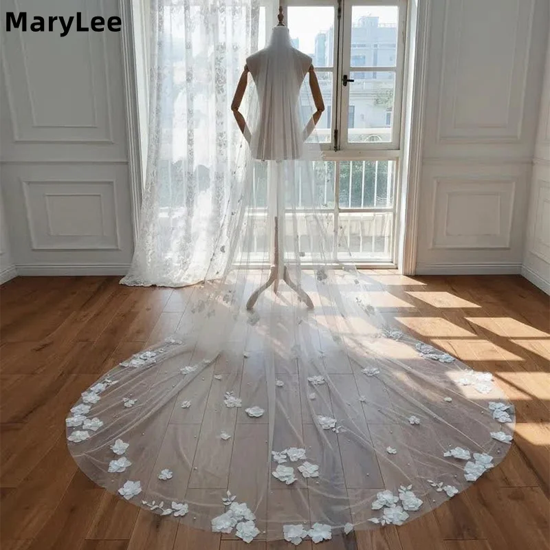 

Свадебная фата с 3D цветочным кружевом и жемчугом, с расческой, 1 слой, из мягкого тюля, цвет слоновой кости, длинная, 3 м, на заказ