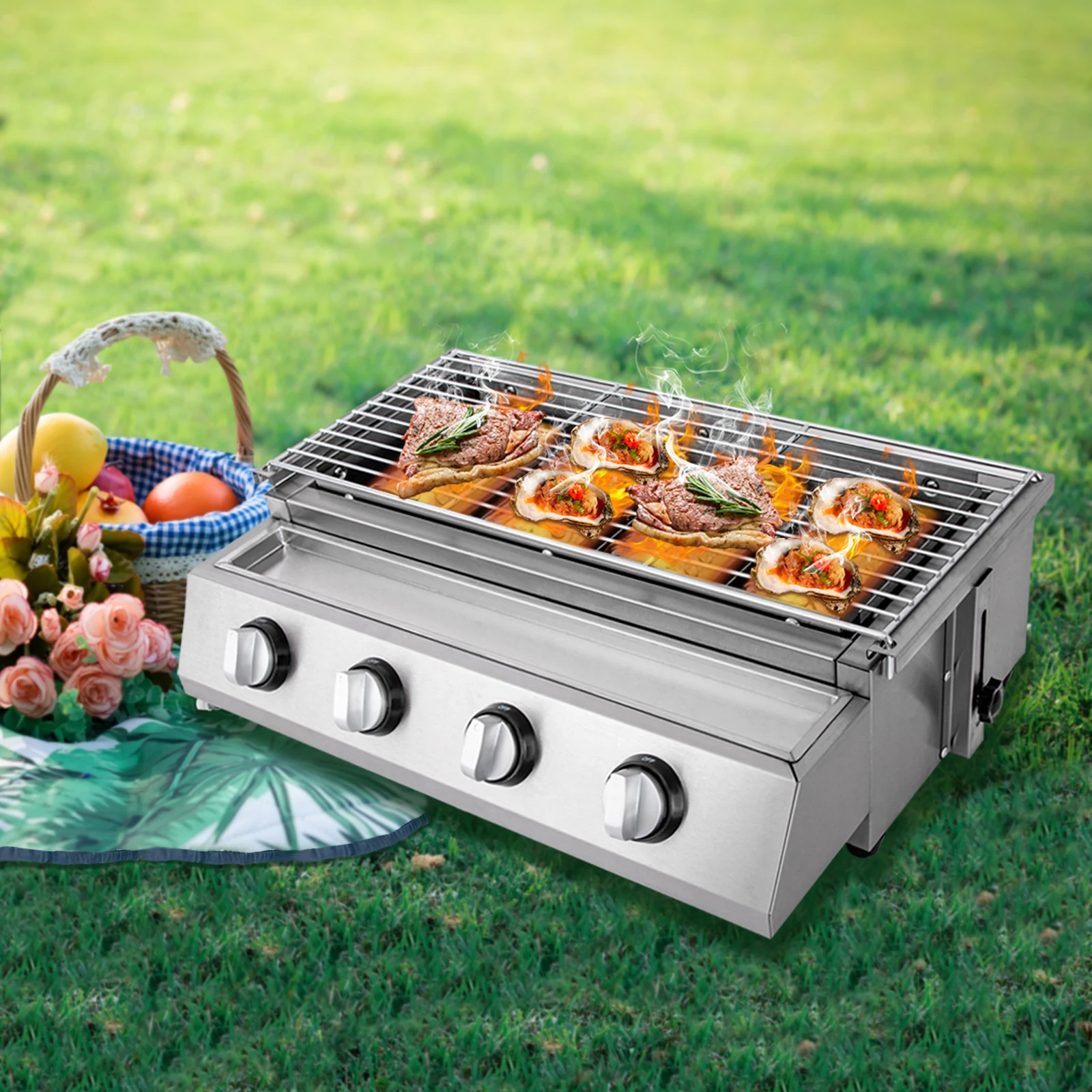 Stainless Steel Gas Barbecue 4 Burners Table Barbecue LPG Removable Gas Barbecue for Camping Balcony Garden Silver