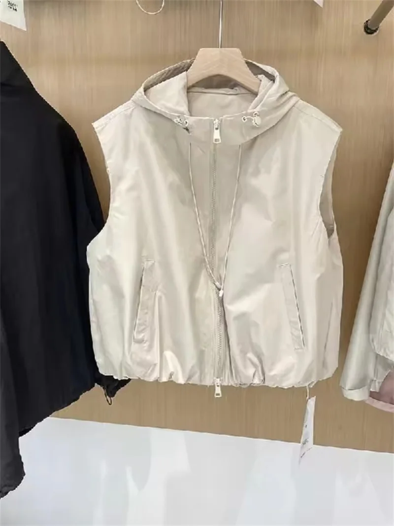 Korean Women's Hooded Vest Jacket Loose Sleeveless Zipper Casual Outerwear 2025 New Summer Short Versatile Waistcoat