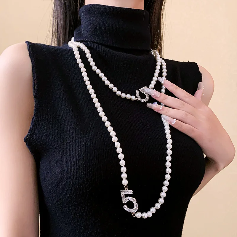 Pearl Double Necklace French Long Beaded Sweater Chain Jewelry for Women