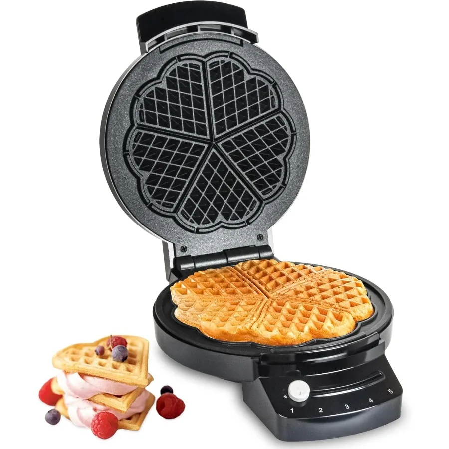 5段階の温度調節と急速加熱機能を備えた電気ハート型ワッフルメーカーで、完璧なベルギーワッフルが作れます。黒の丸型デザイン。