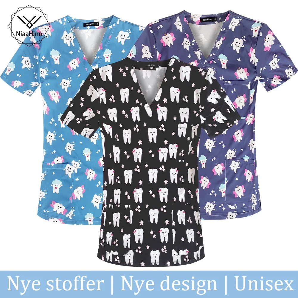 Uniforme clínico de Enfermera para Mujer, Uniforme informal con estampado de dentista, camiseta de manga corta con cuello en V, blusa suelta, Tops