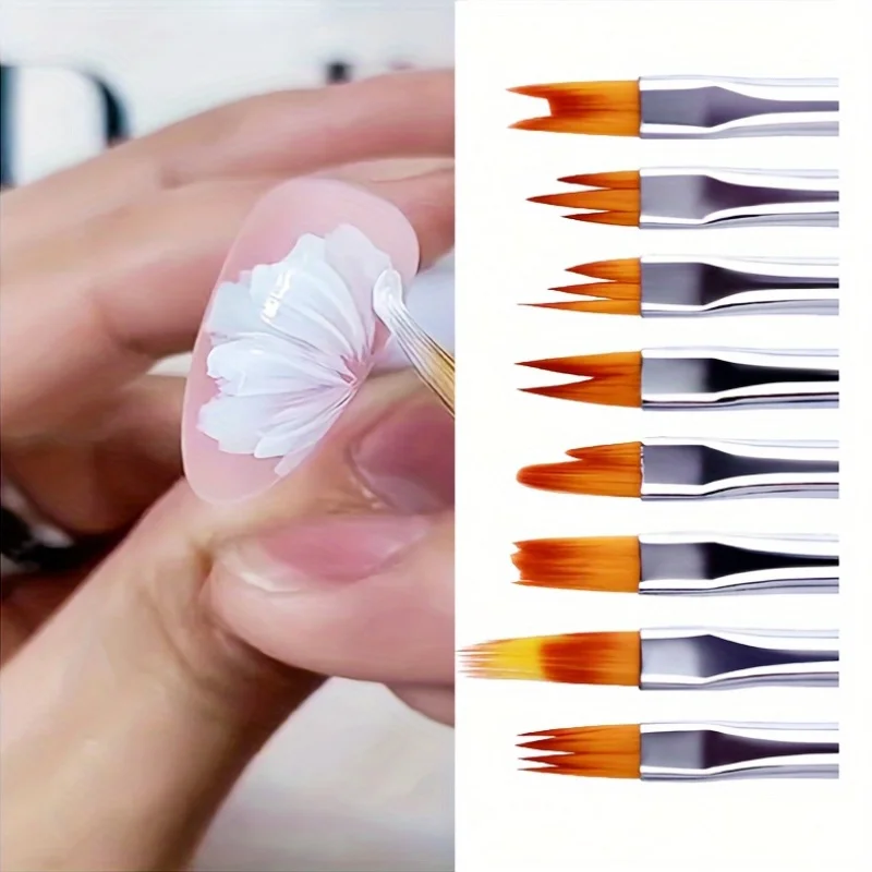 8pcs Nail Art Painting Tool Set with Various Floral Patterns Gradient Brush for Gel Nails DIY Manicure Kit