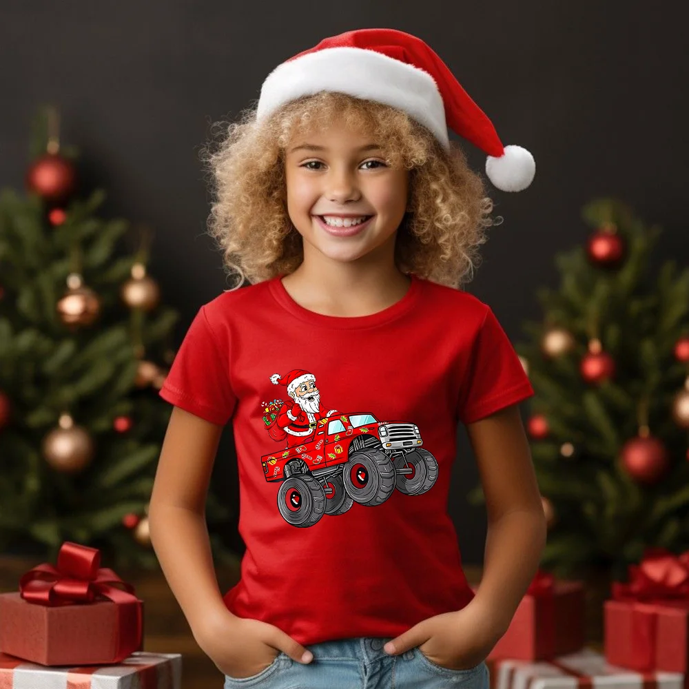 Cute Santa Claus and Truck Printed T-Shirt Children Clothing Toddler Round Neck Tops Holiday Xmas Short Sleeve Tee