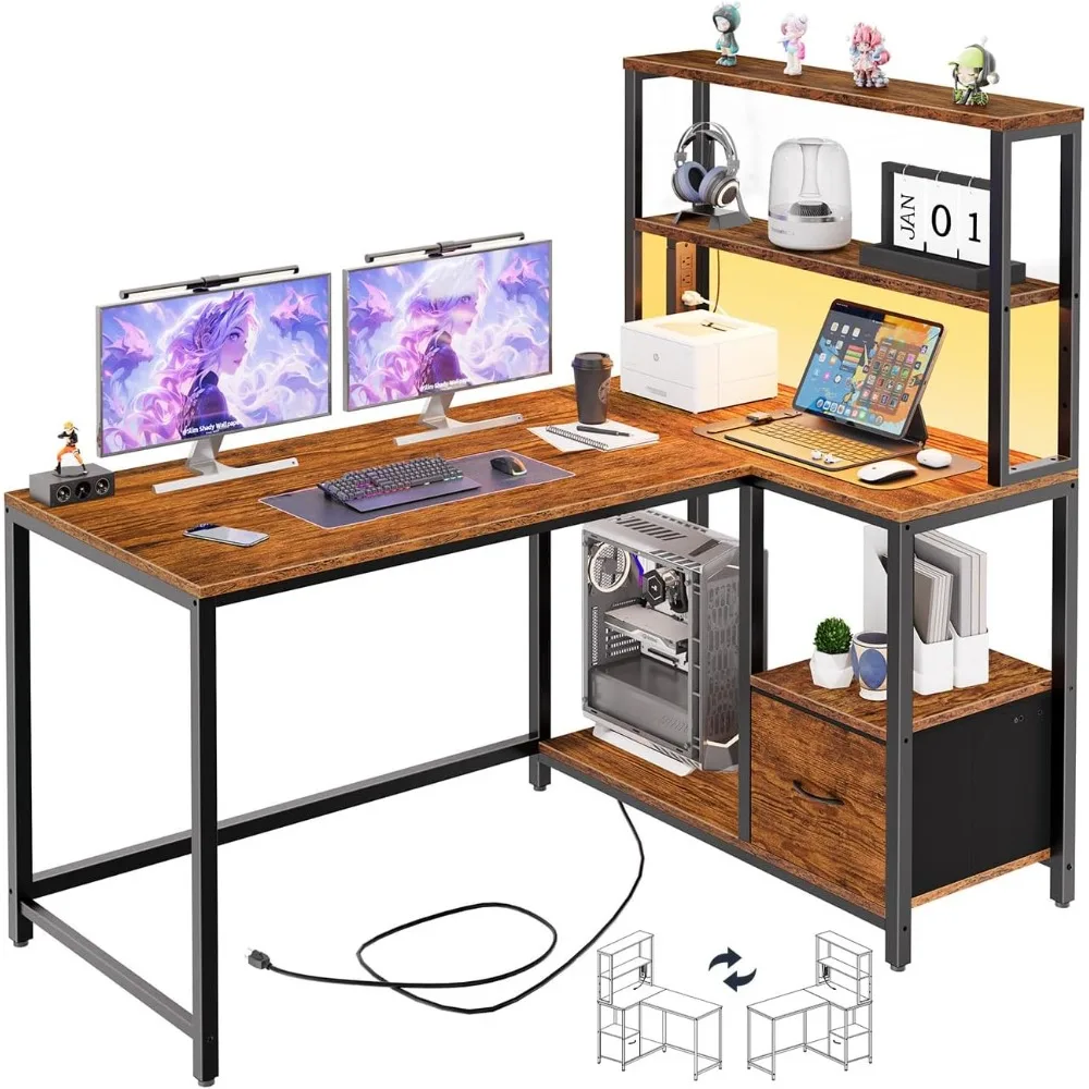 

L Shaped Gaming Desk, 46 Inch Reversible Computer Desk with LED Light & Power Outlet, Office Desk with Storage Shelves & Drawer