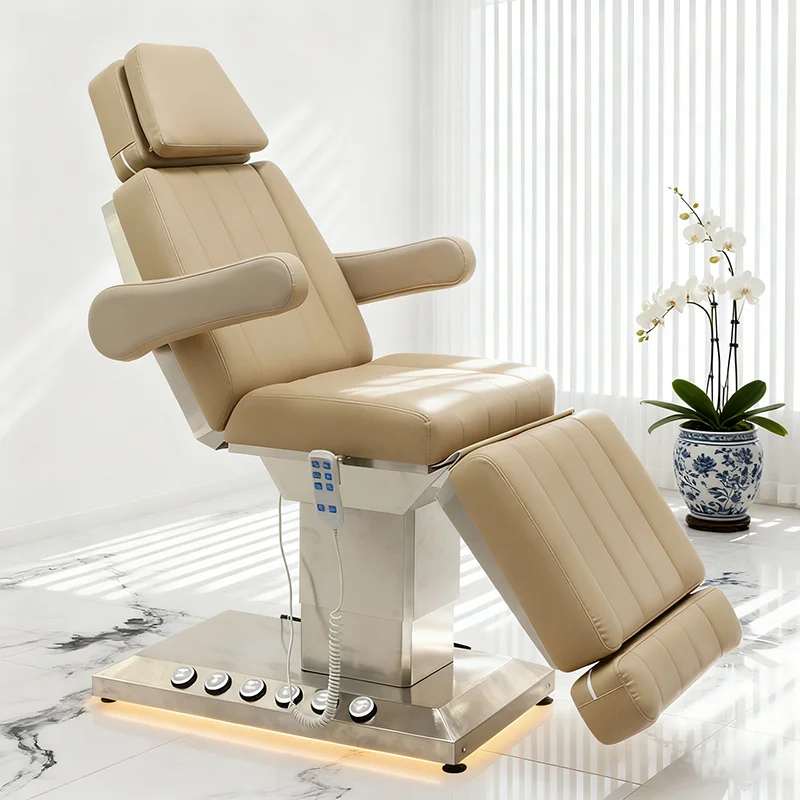2025 New Design Beauty Shop Furniture Silver Stainless Steel Base Massage Table Bed 3 Motors Electric Salon Bed with Lighting