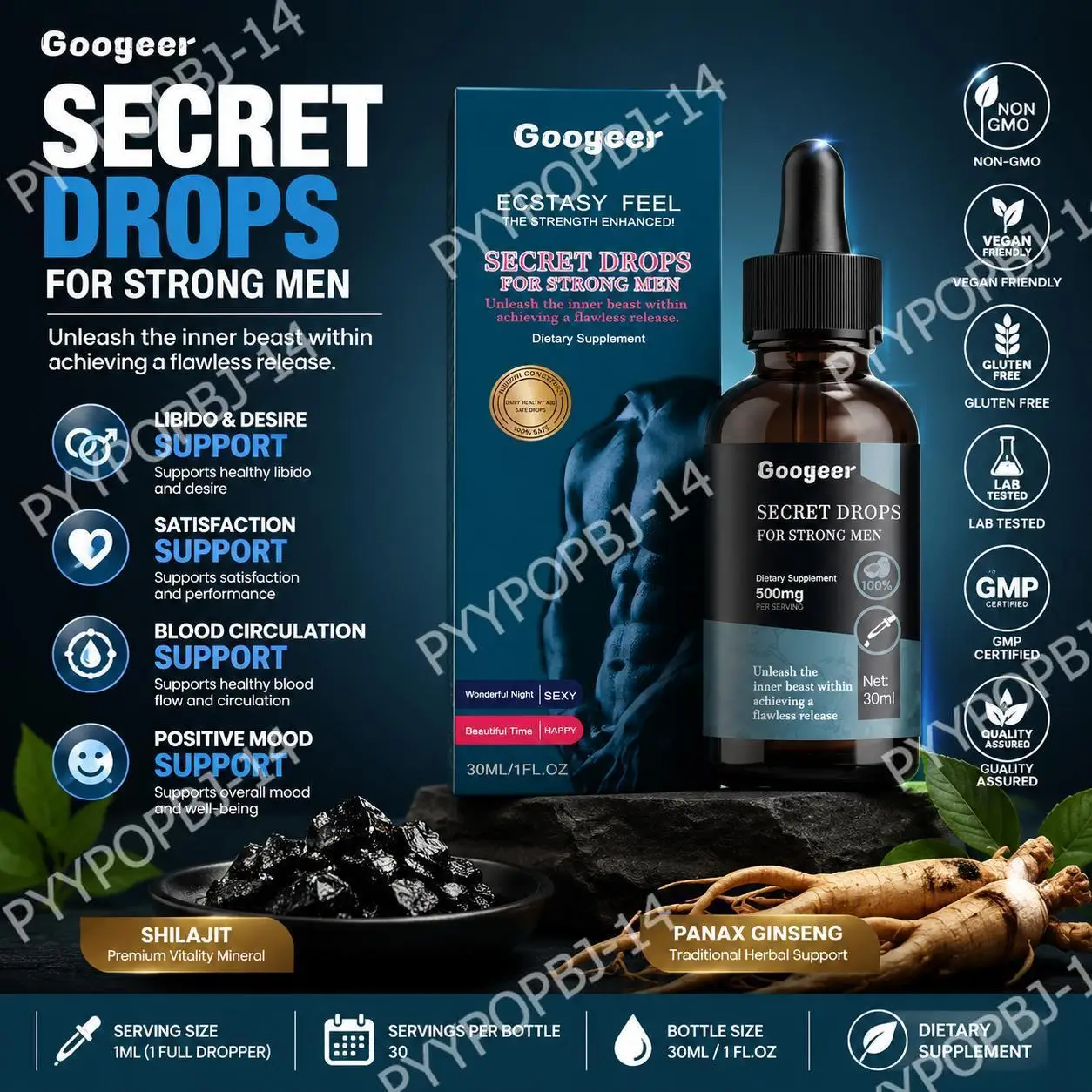 Googeer Secret Drops 30ML for Strong Men with Shilajit & Panax Ginseng - Blood Circulation & Relaxation Mood Support Supplement