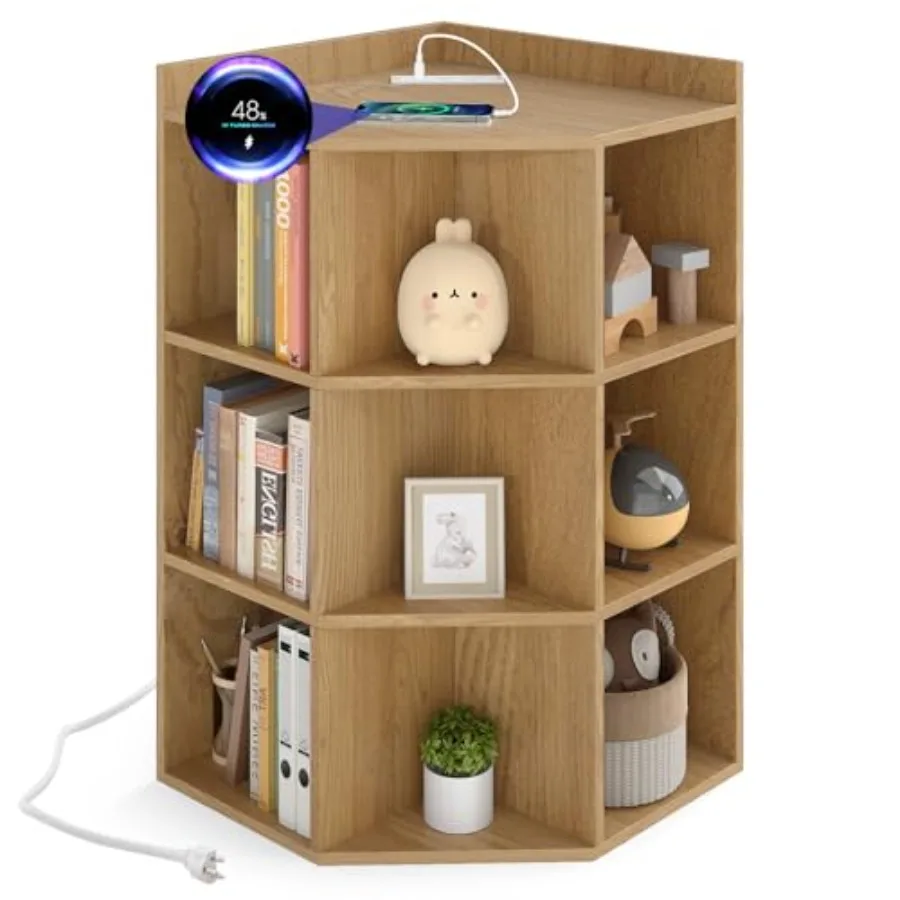 

3-Tier Wooden Corner Toy Storage Organizer with USB Ports and Outlets Natural Finish Cube Bookcase for Toys Books Room Nursery