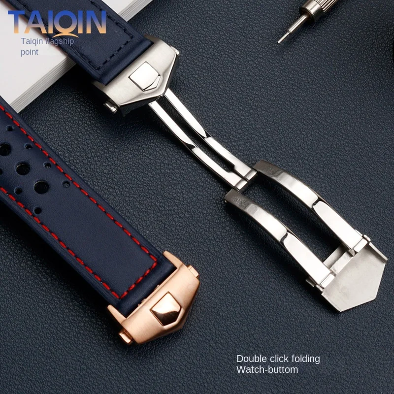 New 22mm Soft breathable crocodile leather Watchband blue For TAG HEUER Strap MONACO CARRERA Watch Band Bracelet Folding Buckle