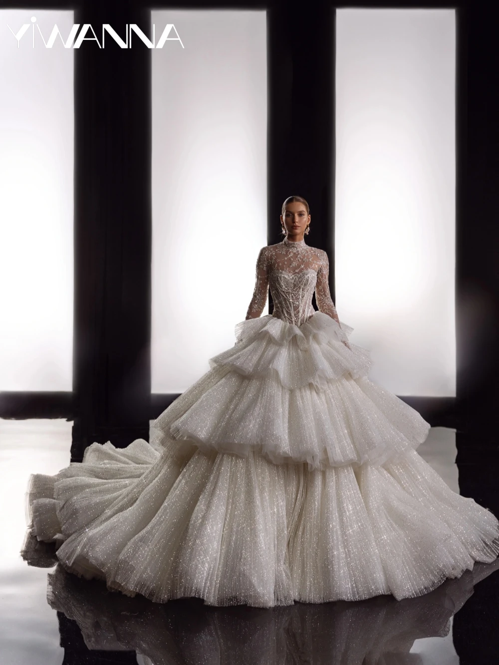 

Glitter Beaded Tiered Tulle Princess Long Wedding Dress Modest High Collar Bridal Gown Customized Dreamy Dresses For Bride