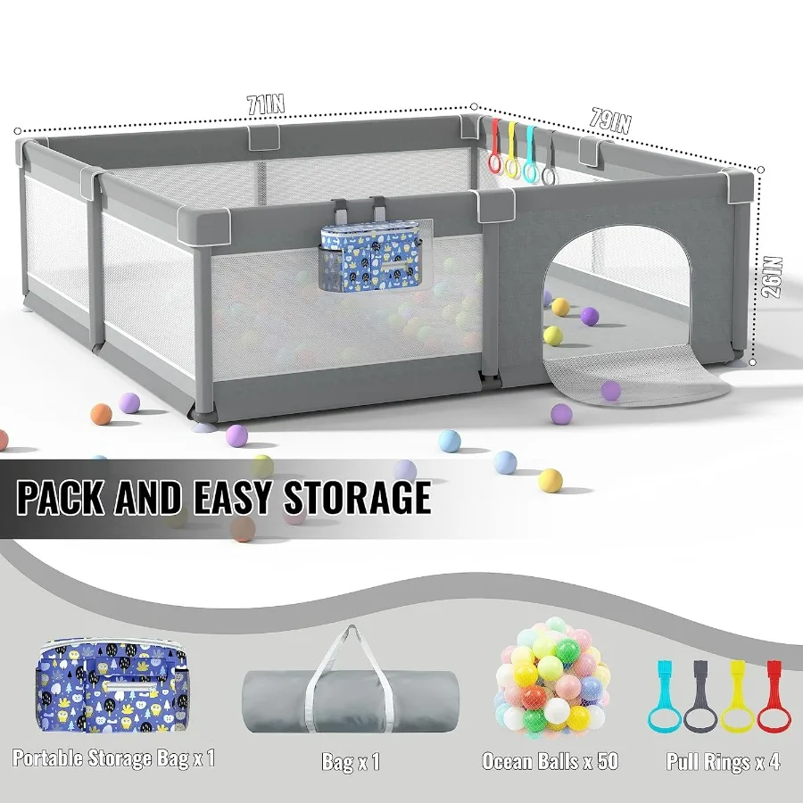 روضة أطفال كبيرة جدًا للأطفال الصغار 79 × 71 مع جيتس ساحات لعب للأطفال، منطقة لعب داخلية آمنة، كرات أوشن باللون الرمادي #2