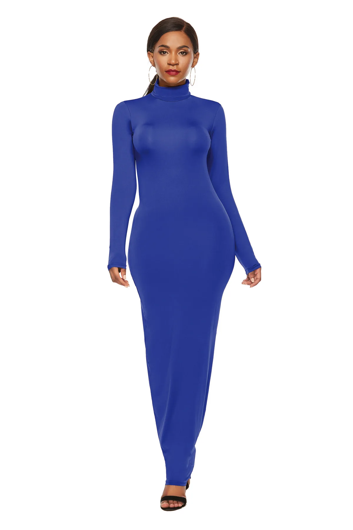 Robe longue Slim pour femmes, couleur unie, col haut, manches longues, paquet de hanches, moulante, tendance, pour les déplacements, printemps automne