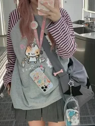 Japan Kawaii Sweet Women T-Shirt O-Neck Stripe Patchwork Long Sleeve Cartoon Print Loose Pullover Casual Cute Top Youth Vitality