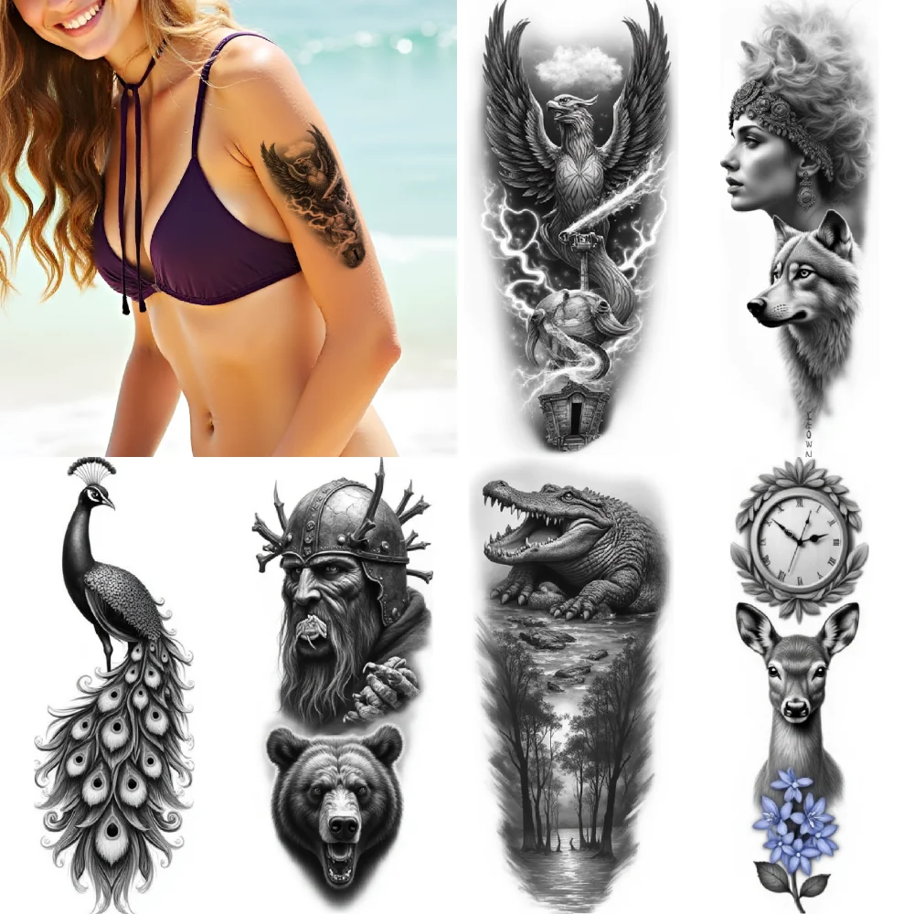 

12pcs Temporary Tattoo Black And Grey Realism Woman With Headdress Octopus Shark For Male Adult Thigh