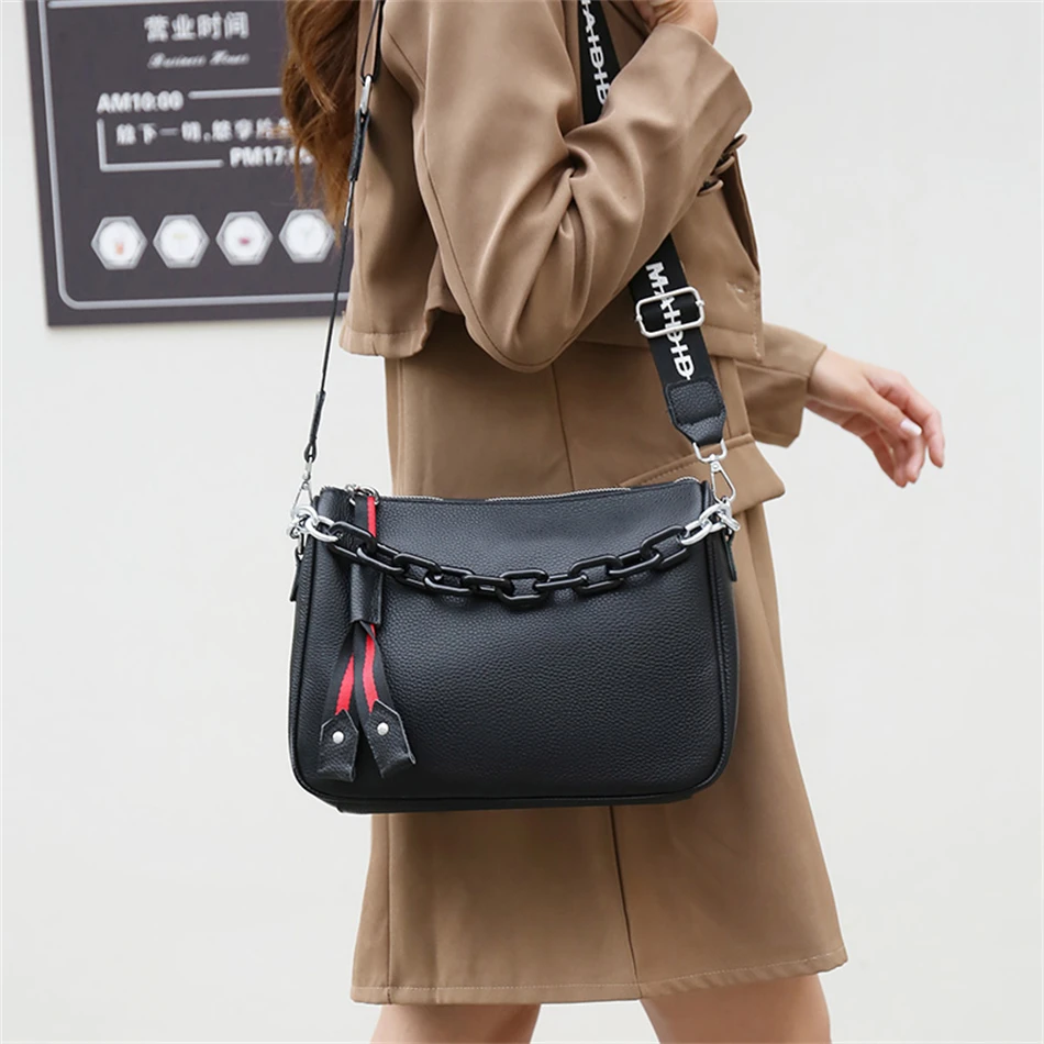 Genuine Leather Crossbody Bags Women 100% Cowhide Female Shoulder Bag Fashion Wide Shoulder Strap Soft Large Women Bag Bolsa Sac