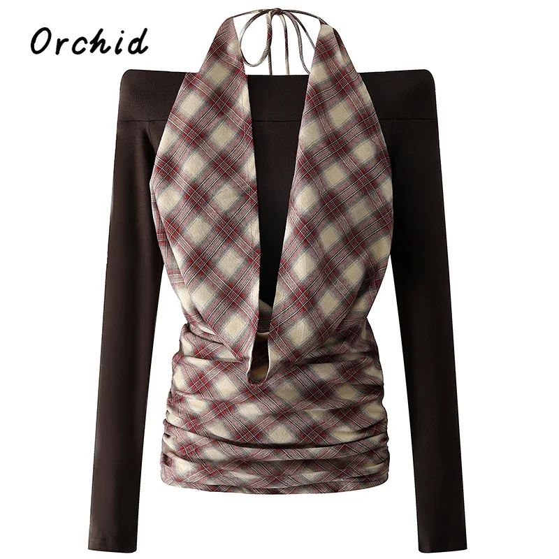 

2024 Autumn Casual Patchwork Long Sleeve Lace-up T-Shirts Women's Fashion Vintage Sexy Style Sheath Folds Tees Hotsweet Top