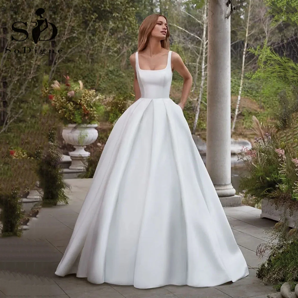 

Simple Wedding Dress Customized Elegant Spaghetti Strap Square Neck Satin A Line Backless Sweep Train Bridal Gowns 2026
