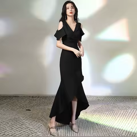 Women's Solid Color Elegant Evening Dress Off Shoulder V-neck Ruffles Fishtail Prom Dress Light Luxury Slimming Female Vestido