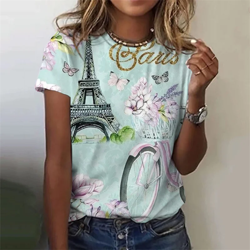 Vintage Eiffel Tower Pattern T-Shirt For Women Flower Bike 3D Print Tee Summer Fashion Street O-Neck Tops Short Sleeves T Shirts