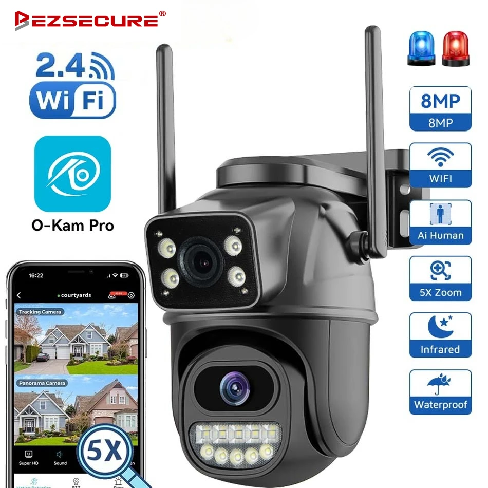 

Уличная IP-камера Bezsecure 4K 8MP HD с Wi-Fi, 5-кратным зумом, двумя объективами и двумя экранами, PTZ-камера для домашней безопасности, видеонаблюдение