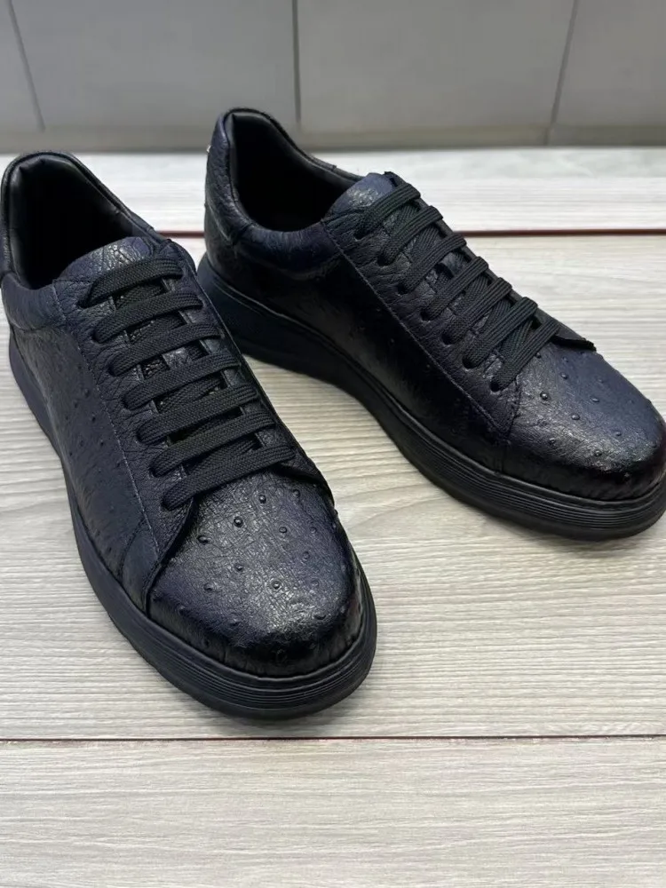 Fashion Ostrich Leather Round Toe Low-Heel Lace-Up Casual Shoes Handmade Genuine Leather Solid Color Platform Male Footwear