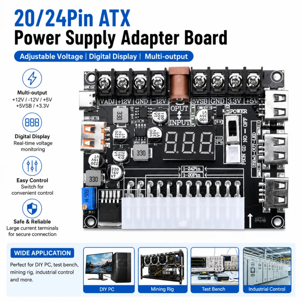 20/24-Pin ATX Power Supply Adapter Board, Adjustable-Voltage Power Supply Module, Suitable for Computers, Mobile Phones, Etc.