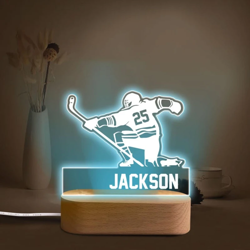 Custom Hockey Night Light Personalized Name Number Acrylic Lamp Sports Room Decor Gift for Dad Son Boy Kid Team Coach Hockey Fan