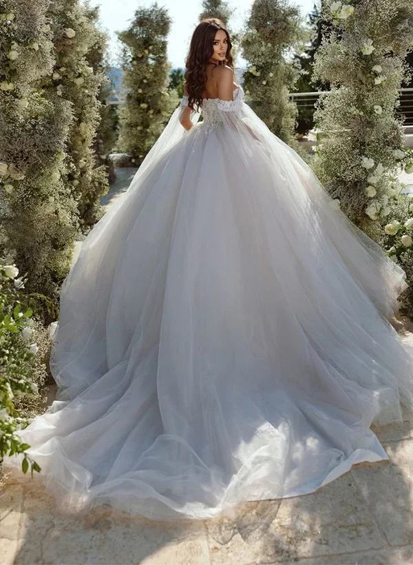 Glitter Princess Ball Gown Wedding Dress With Long Tulle Cape Sleeves Deep V Neck Lace Bridal Gown Cathedral Train Elegant