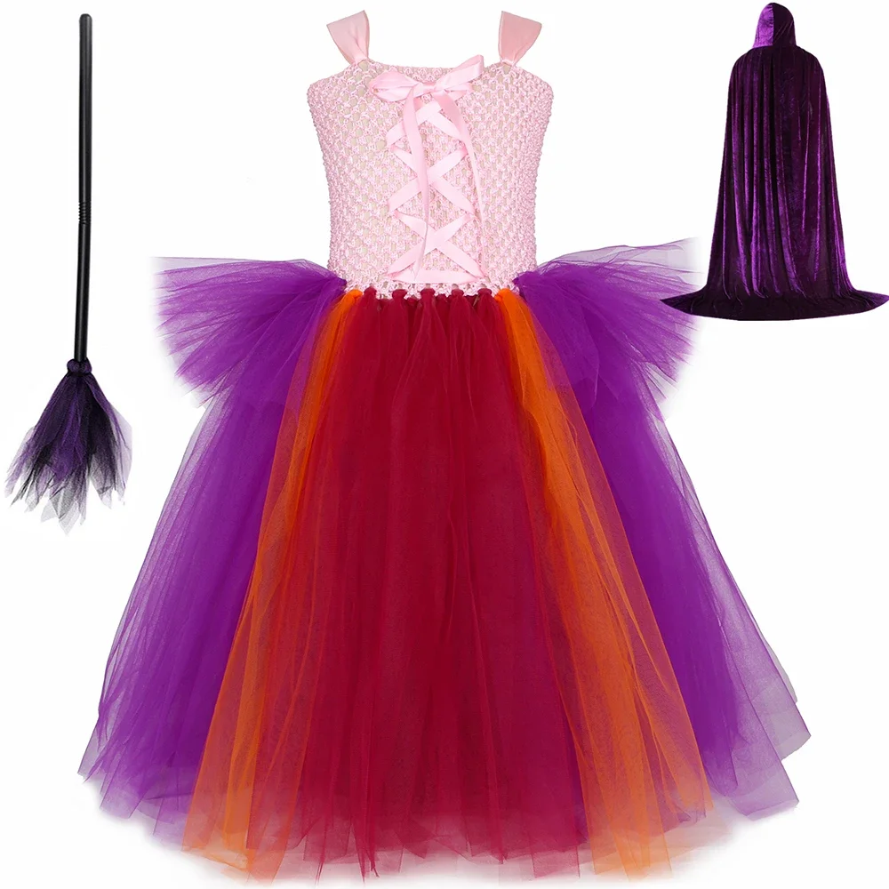 Sarah Sanderson Hocus Pocus Costume Kids Halloween Carnival Party Dress Up Clothes Girls Fancy Witch Tutu Dress with Cape Broom