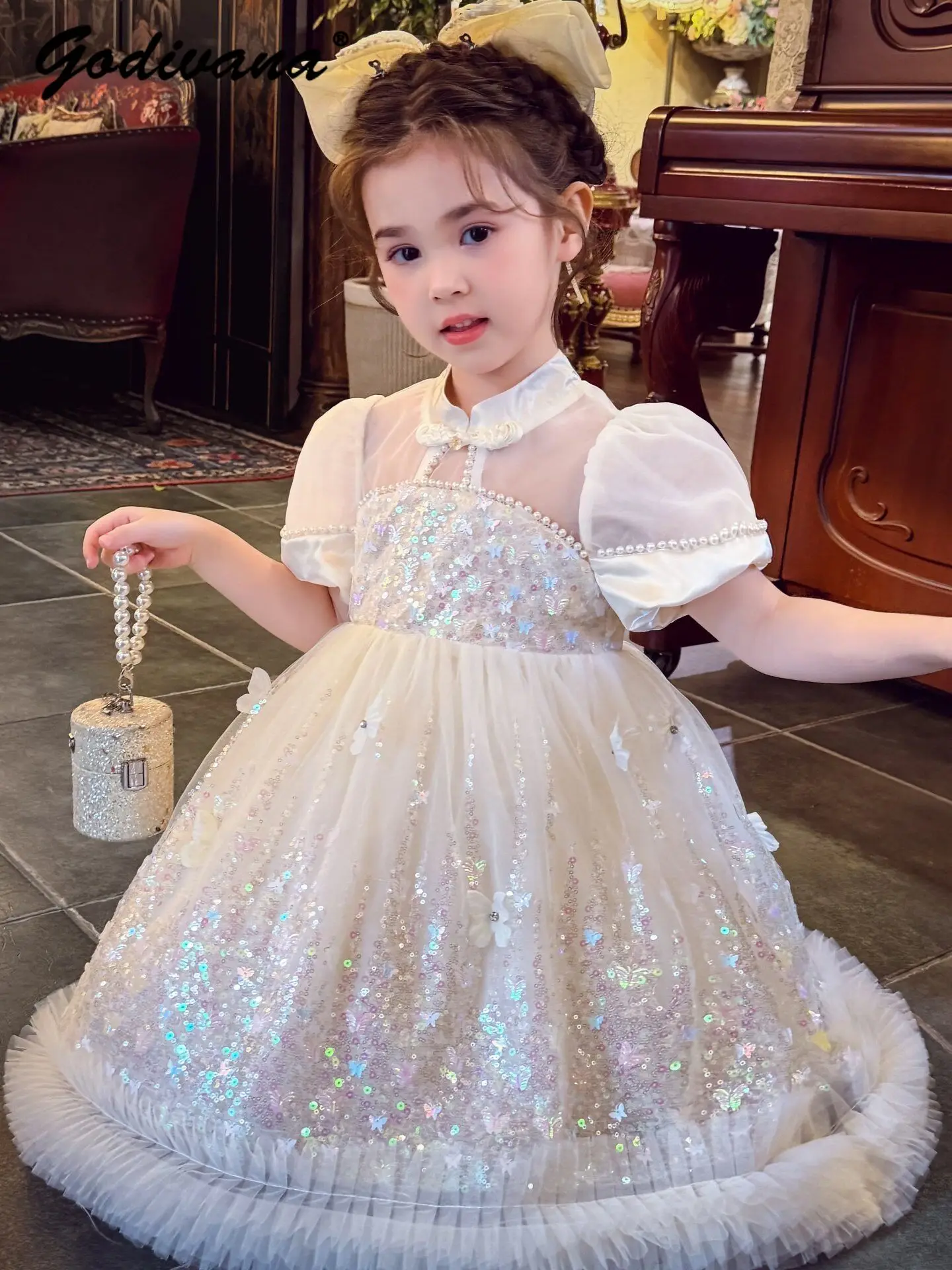 Sweet Baby Girls Summer 2026 New Princess Dress Childrens New Chinese Sequin Mesh Pearls Puff Sleeve Birthday Party Ball Gown
