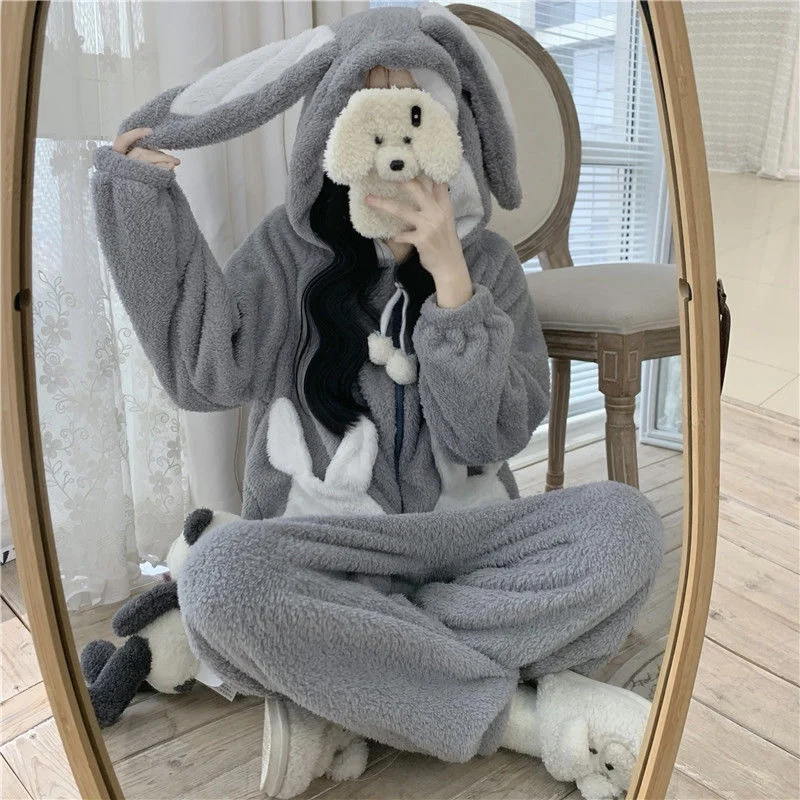 Bunny Hooded Onesies Women Kigurumi Pajamas Cute Pijama Winter Warm Sleepwear Kawaii Female Nightwear Pyjamas Jumpsuit