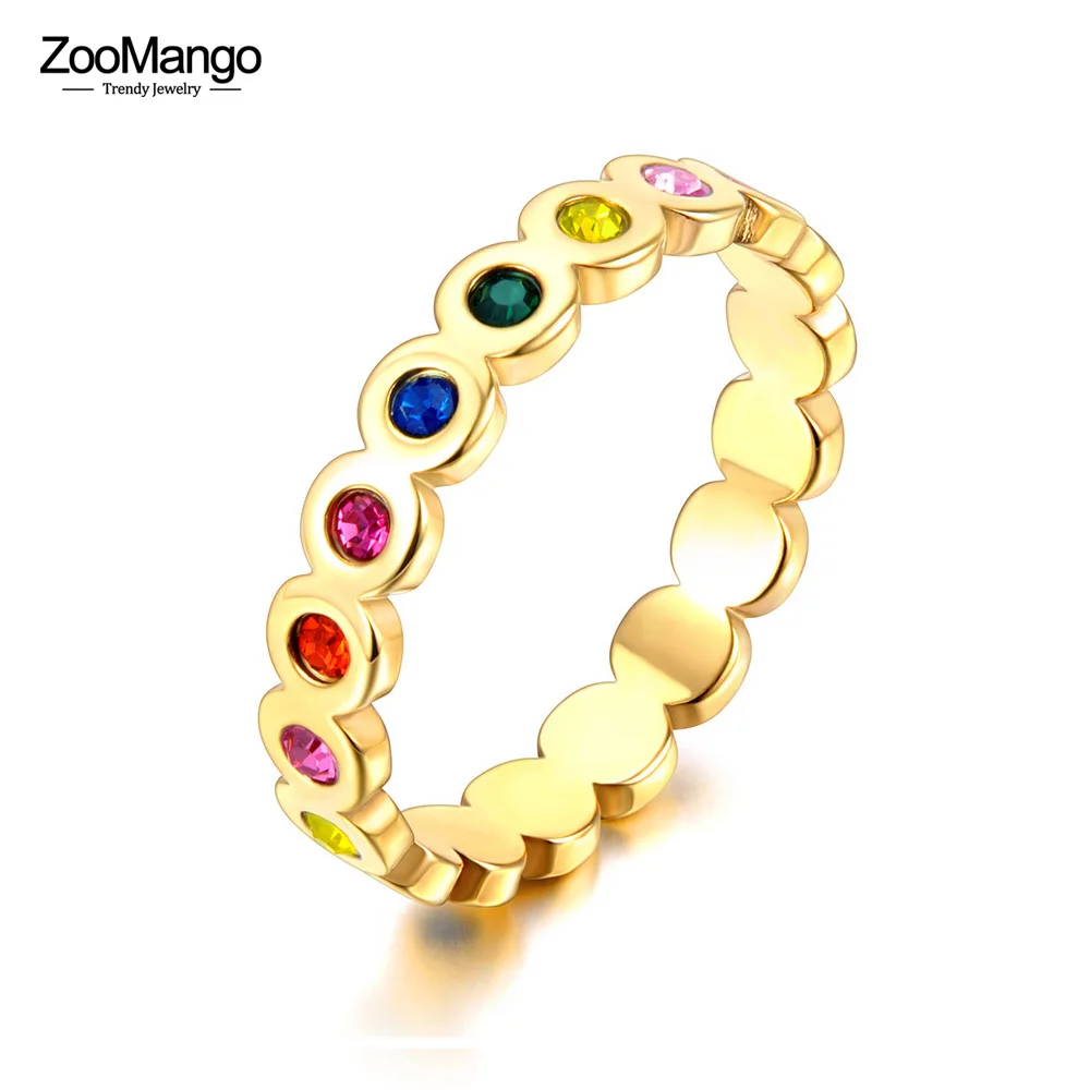 ZooMango Fashion Colourful Cubic Zirconia Stainless Steel Rainbow Rings for Women Charm Bling Luxury CZ Zircon Jewelry ZR23017