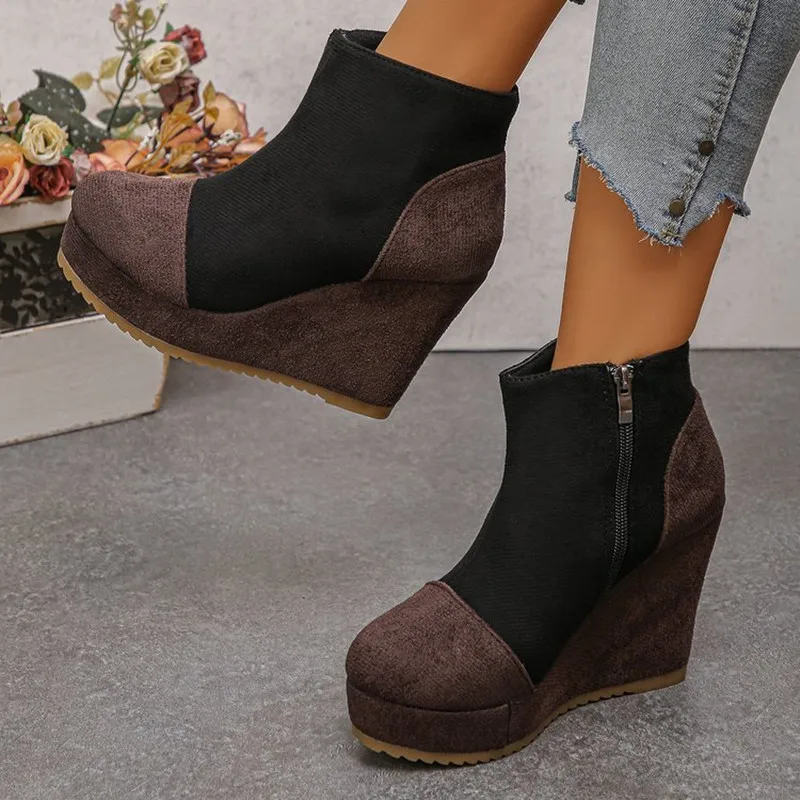 Women Autumn New Height Increase Color-Block Suede Short Boots Thick Bottom Side Zipper and Slope Heel Comfortable Wear Footwear